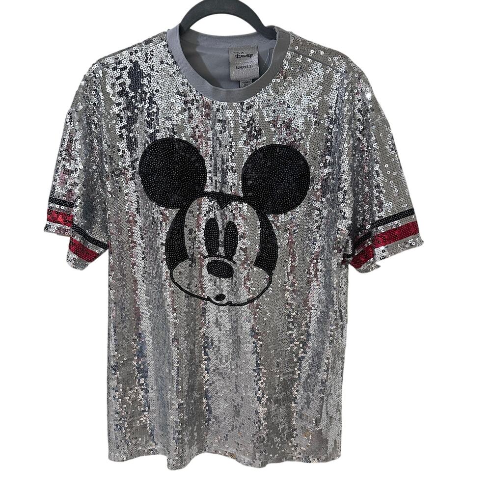 Forever 21 Silver Sequin Mickey Mouse Tee with Black and Red Accents